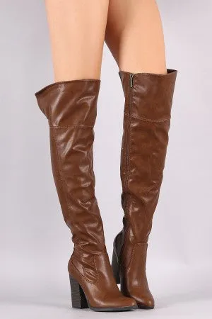 Bamboo Almond Toe Chunky Heeled Over-The-Knee Boots