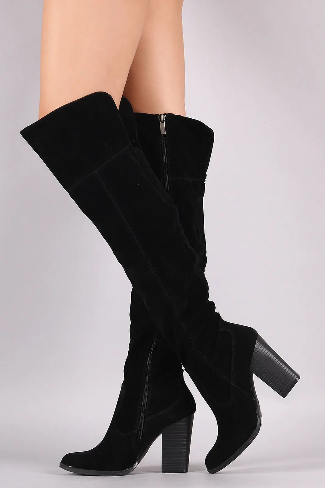 Bamboo Almond Toe Chunky Heeled Over-The-Knee Boots