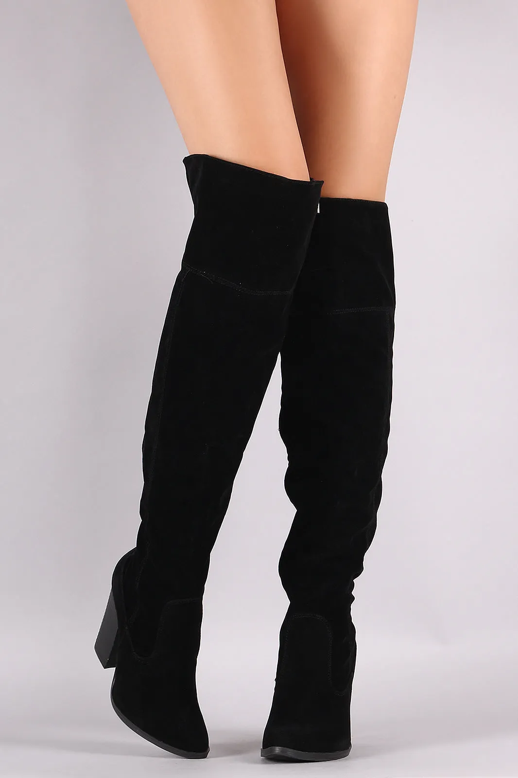 Bamboo Almond Toe Chunky Heeled Over-The-Knee Boots