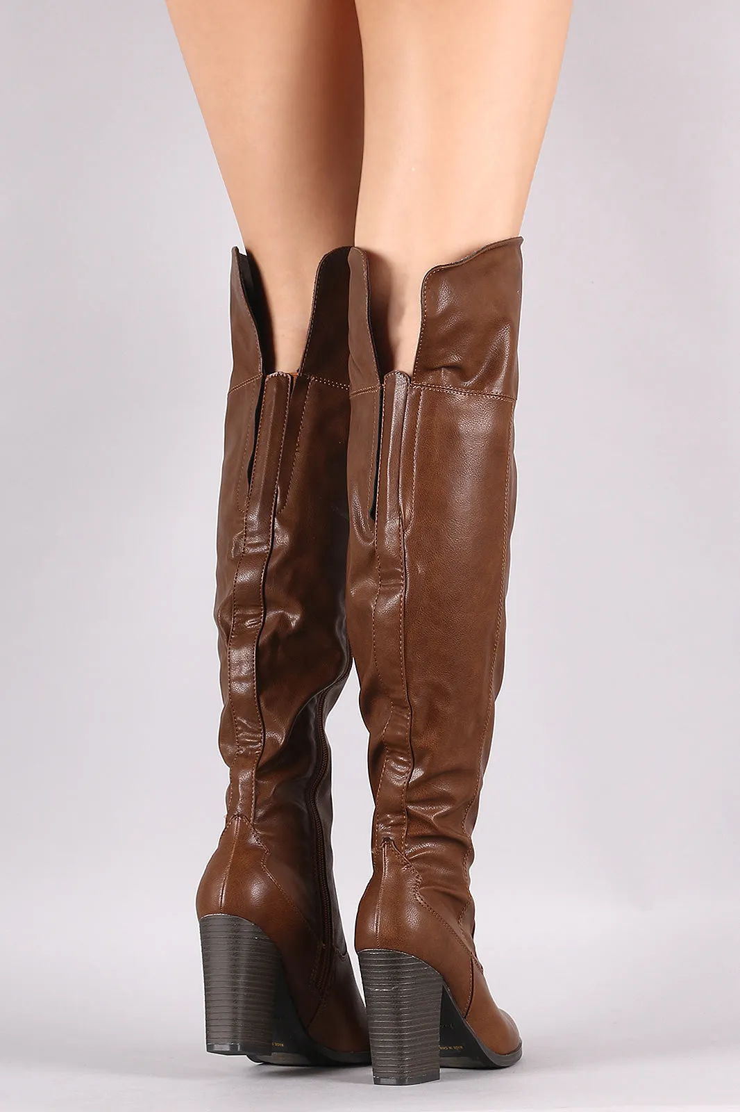 Bamboo Almond Toe Chunky Heeled Over-The-Knee Boots
