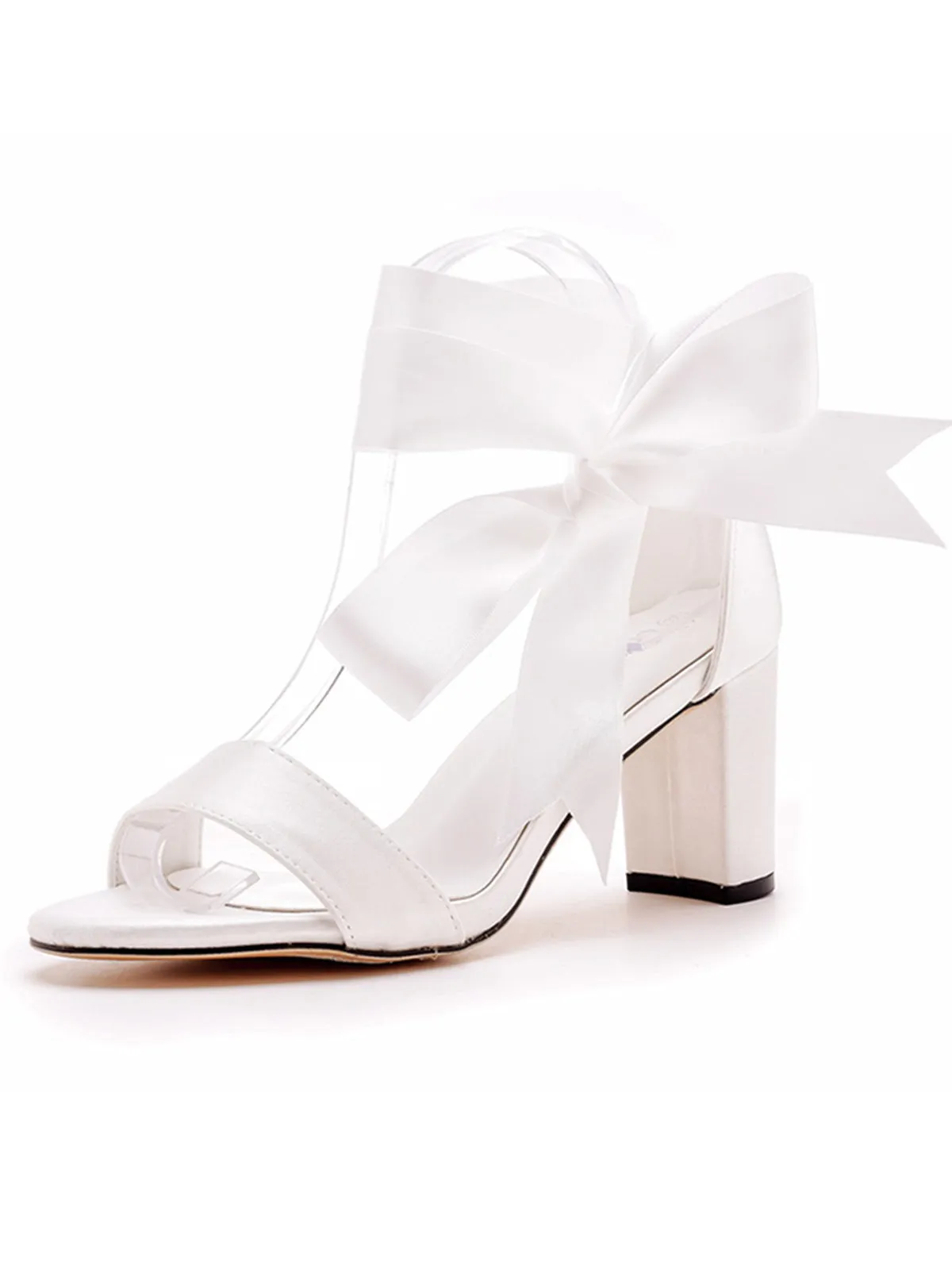 Ivory Satin Tied Open Toe Ankle Strap Chunky Heel Sandals