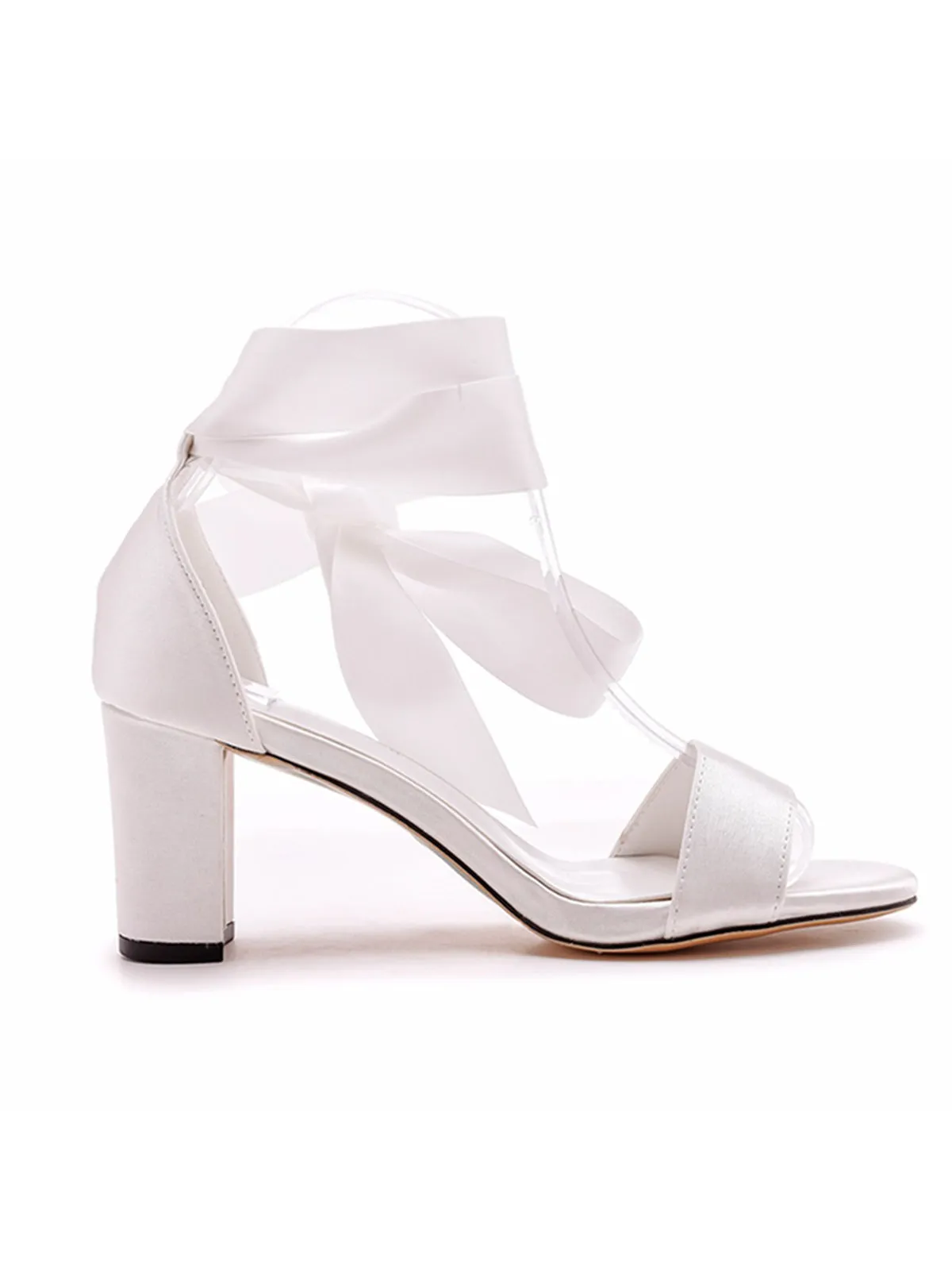 Ivory Satin Tied Open Toe Ankle Strap Chunky Heel Sandals