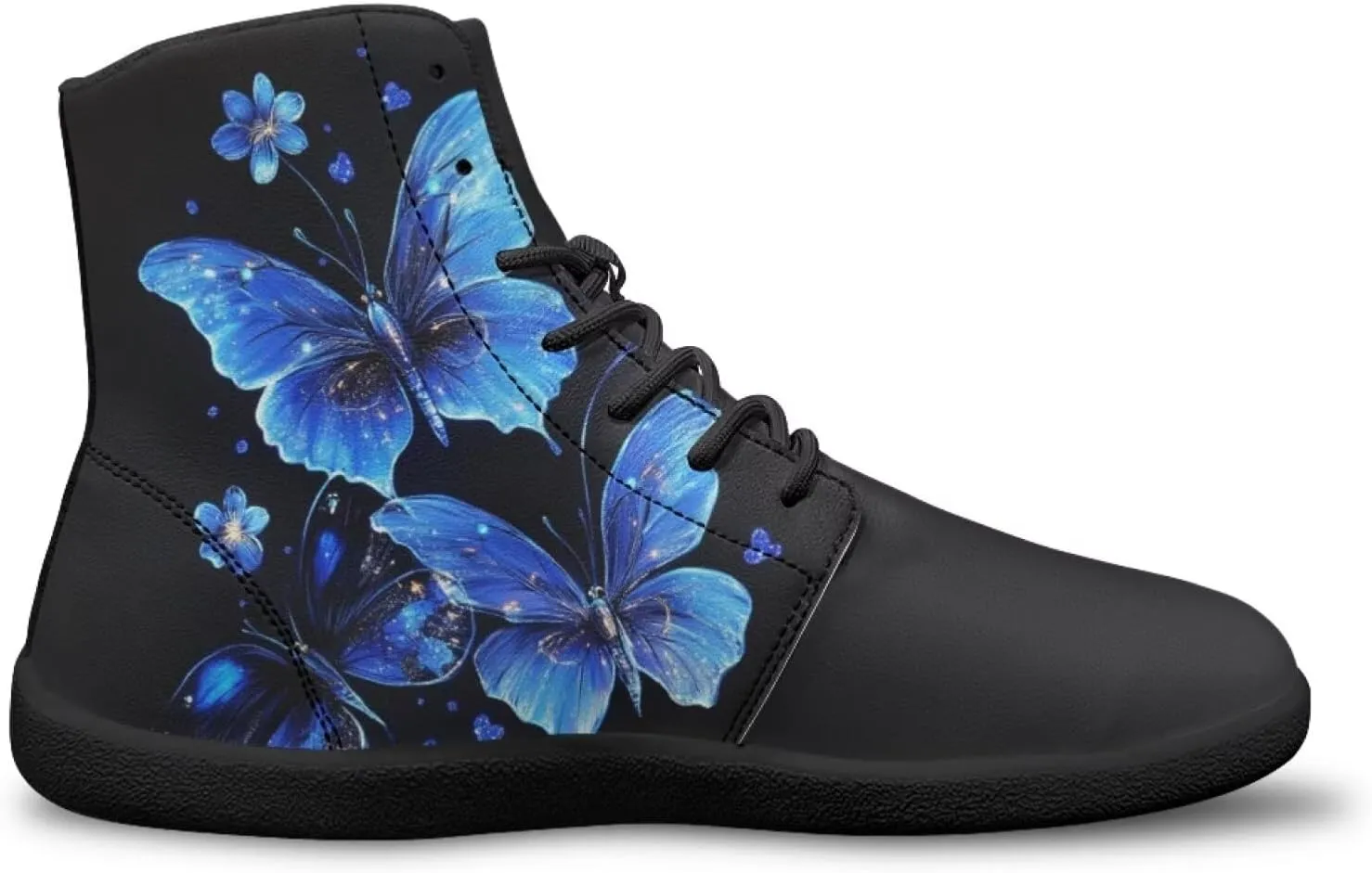 JoyLamoria Bling Bling Butterfly Print High Top Sneakers Lace up Leather Shoes Fashion High Top Flats Barefoot Wide Shoes Y2K for Girls