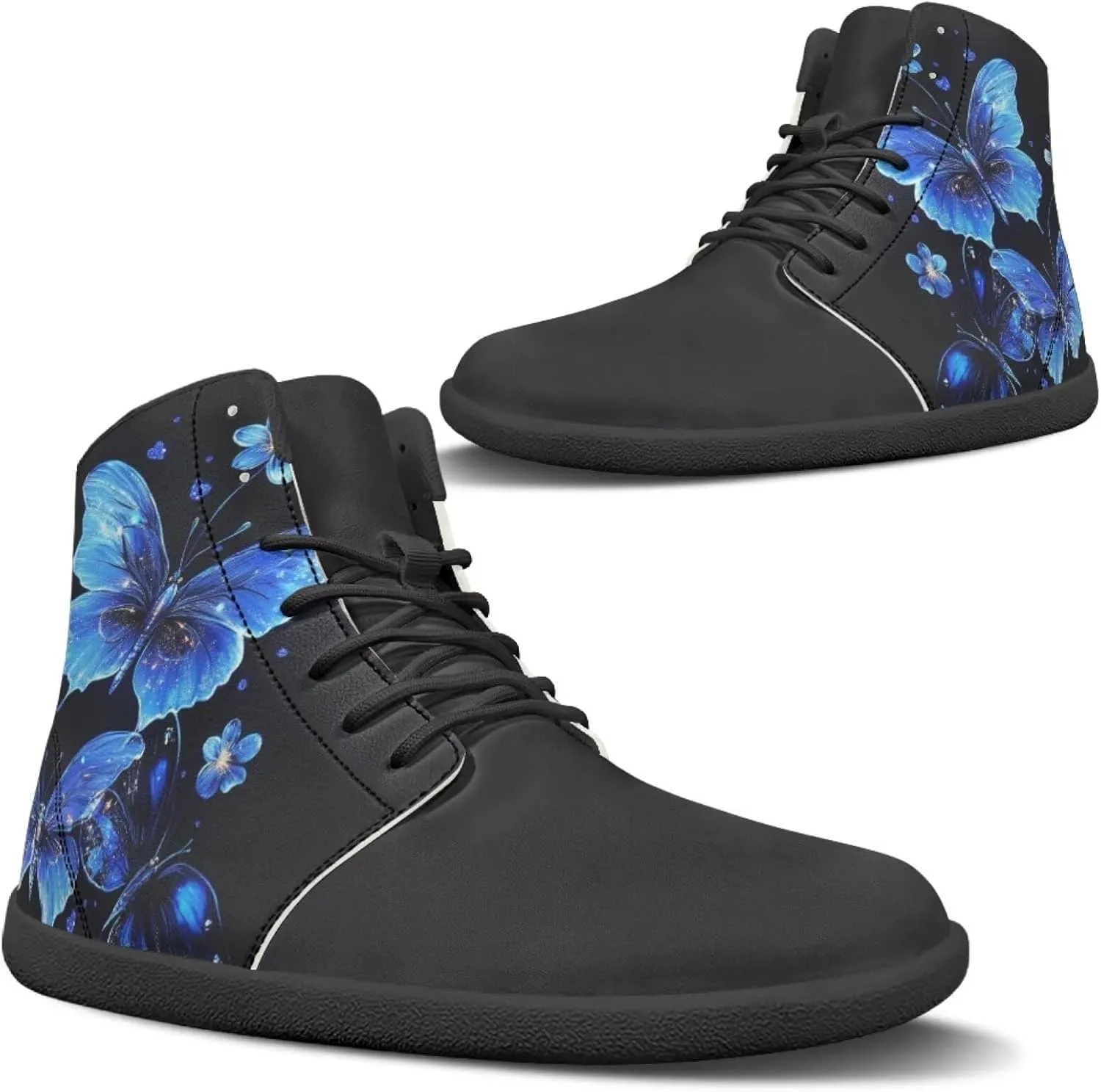 JoyLamoria Bling Bling Butterfly Print High Top Sneakers Lace up Leather Shoes Fashion High Top Flats Barefoot Wide Shoes Y2K for Girls