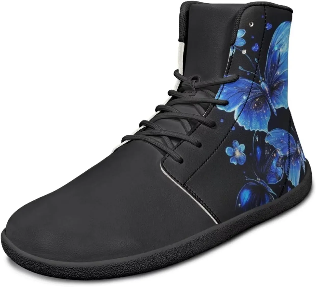 JoyLamoria Bling Bling Butterfly Print High Top Sneakers Lace up Leather Shoes Fashion High Top Flats Barefoot Wide Shoes Y2K for Girls
