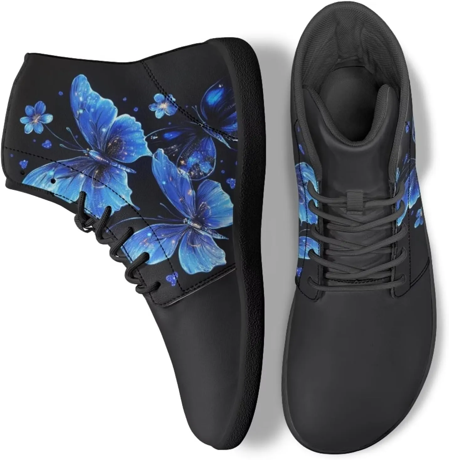 JoyLamoria Bling Bling Butterfly Print High Top Sneakers Lace up Leather Shoes Fashion High Top Flats Barefoot Wide Shoes Y2K for Girls