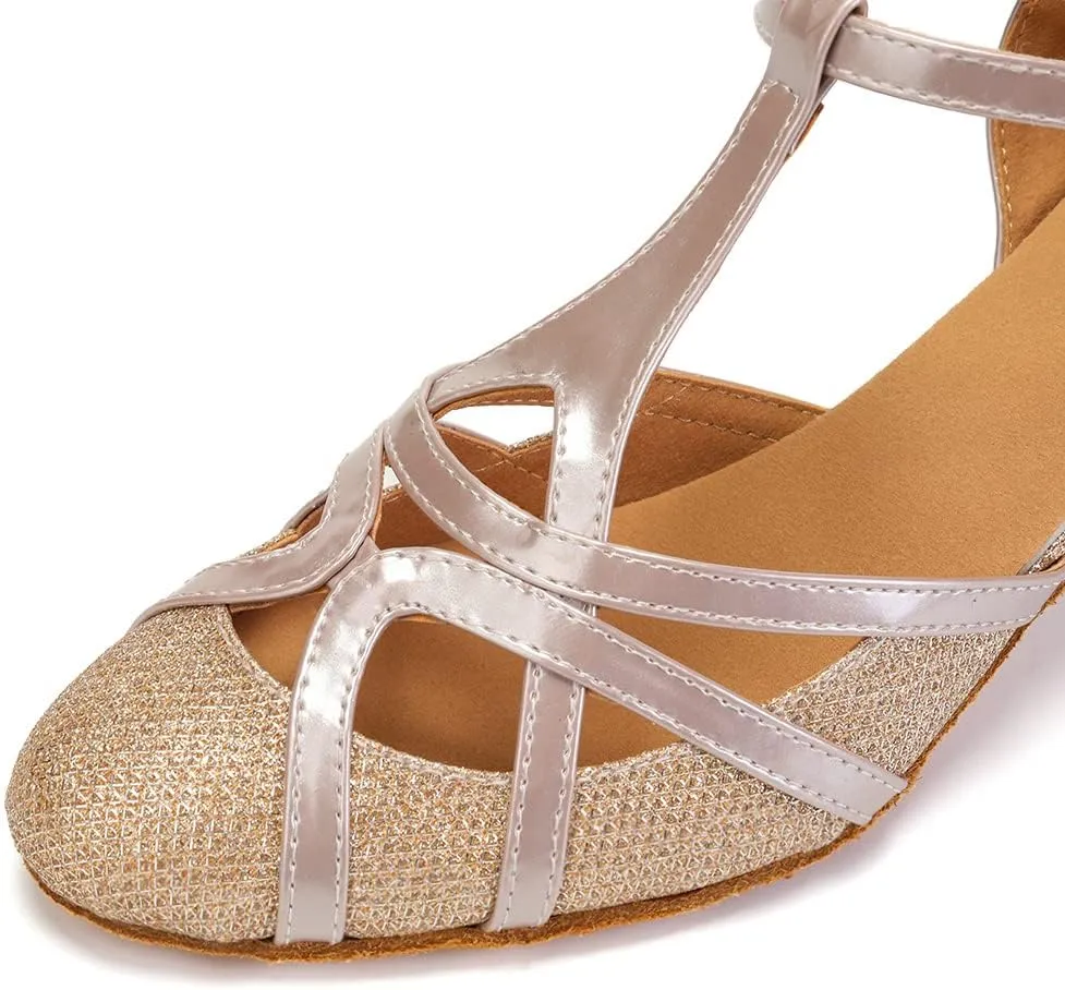 JUODVMP Women's Ballroom Dance Shoes Split Flex Dance Heels Giltter Dance Heels,FT070-C