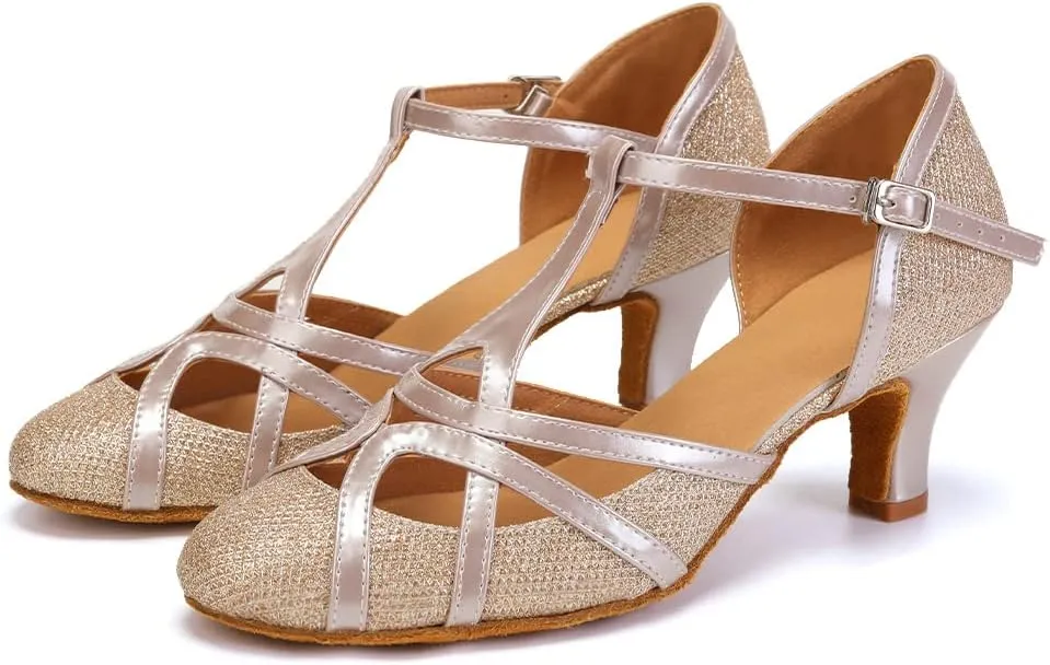 JUODVMP Women's Ballroom Dance Shoes Split Flex Dance Heels Giltter Dance Heels,FT070-C