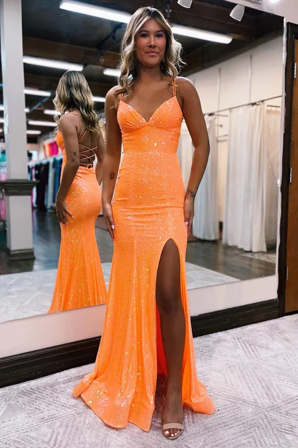 Mermaid Spaghetti Straps Orange Tight Prom Dress With Split PSK442