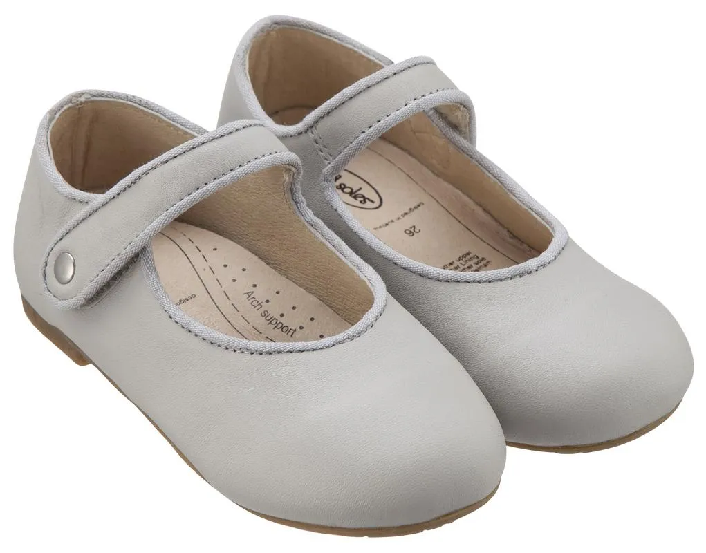 Old Soles Girl's 803 Lady Jane Light Grey Leather Hook and Loop Decorative Button Mary Jane Flat Shoe