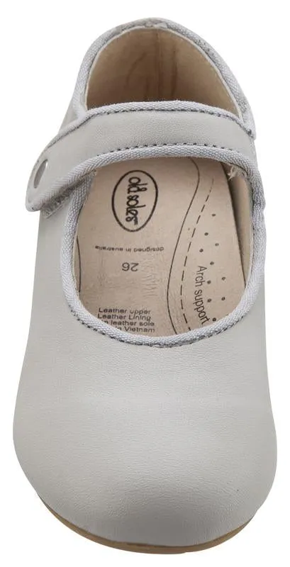 Old Soles Girl's 803 Lady Jane Light Grey Leather Hook and Loop Decorative Button Mary Jane Flat Shoe