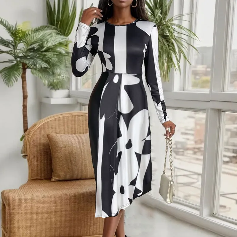 PEOPLETERRITORY   trade autumn irregular pattern dress irregular skirt round neck slim dress