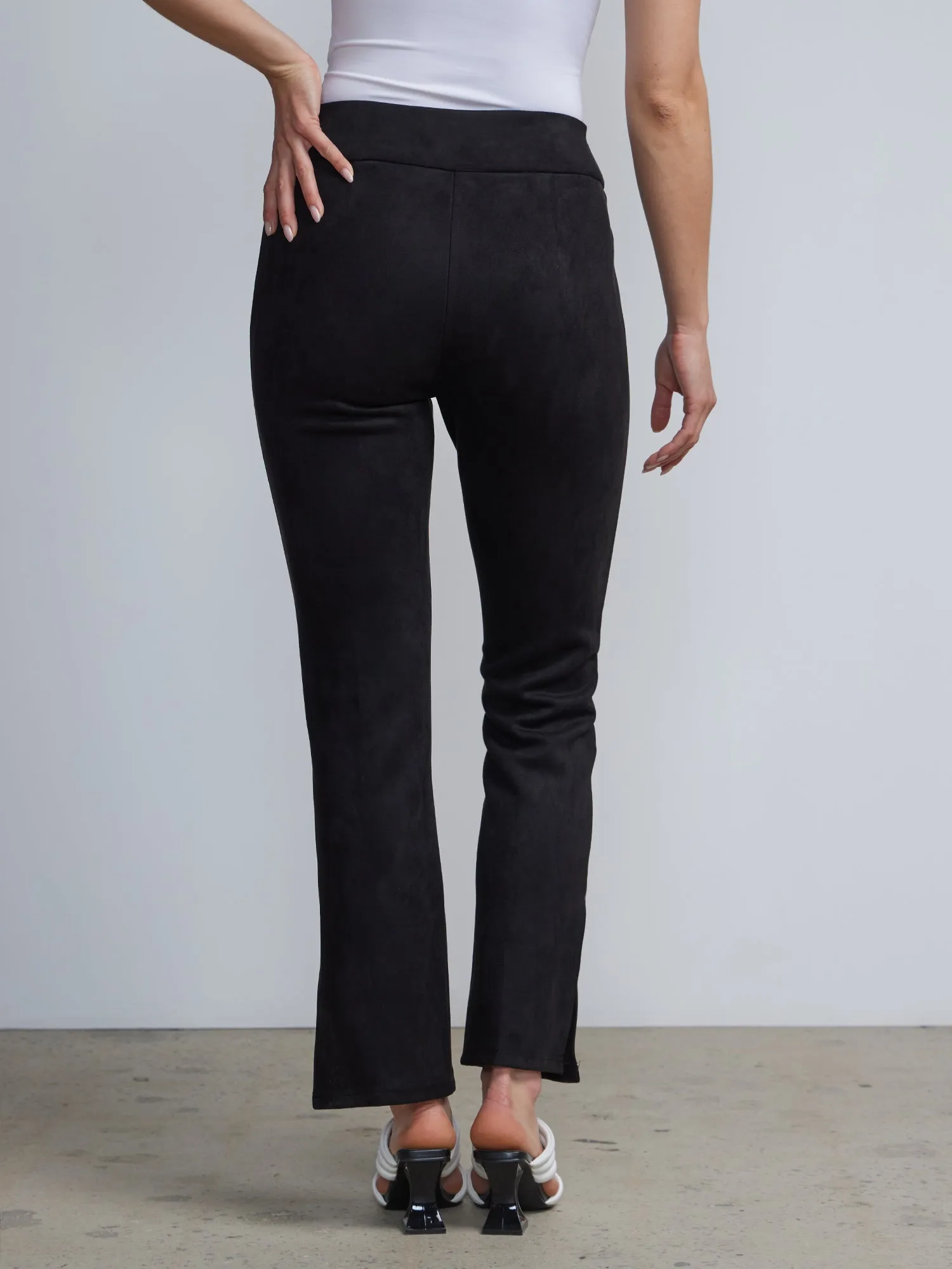 Pull-On Faux-Suede Slit-Front Flare Legging