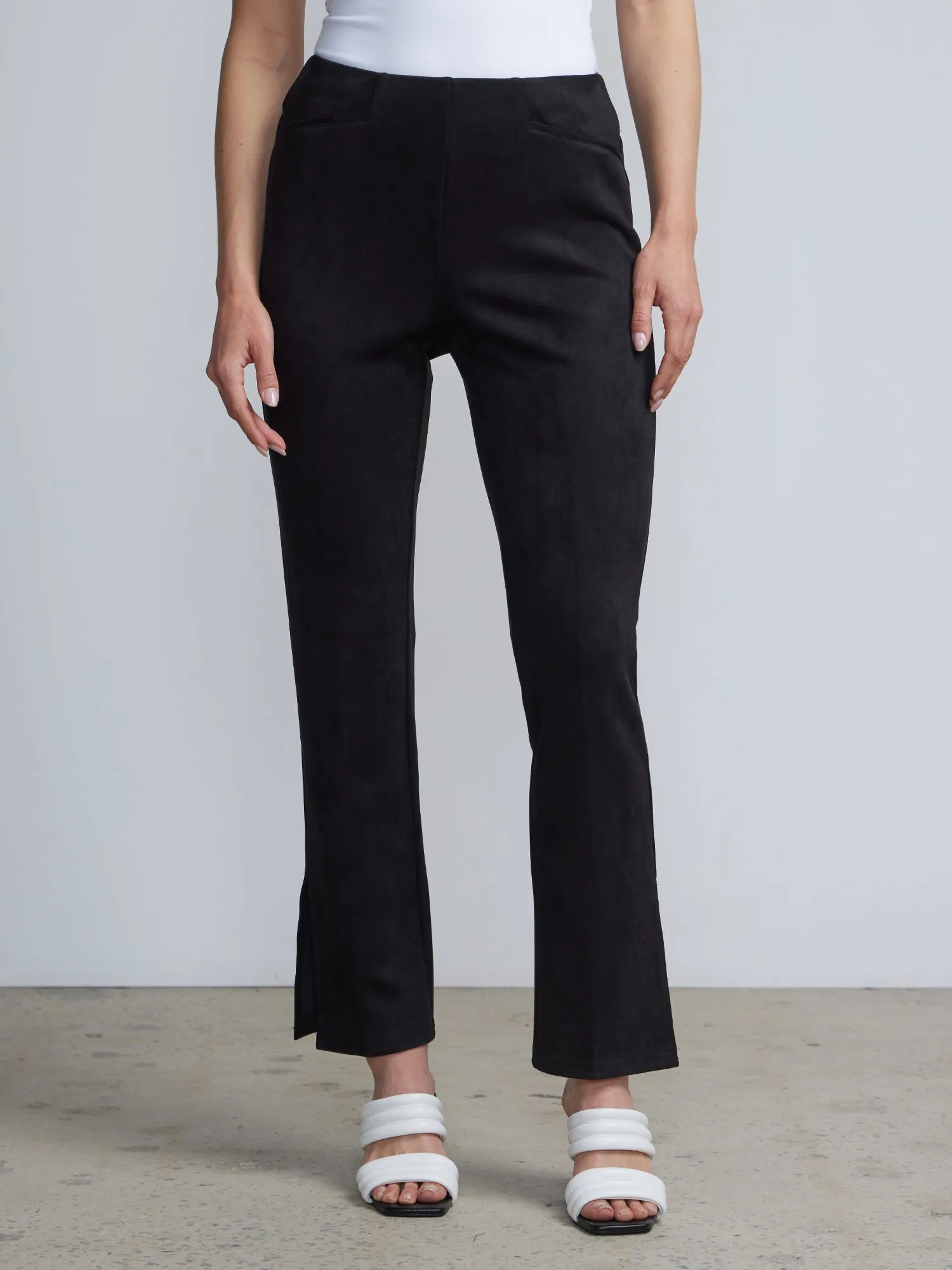 Pull-On Faux-Suede Slit-Front Flare Legging