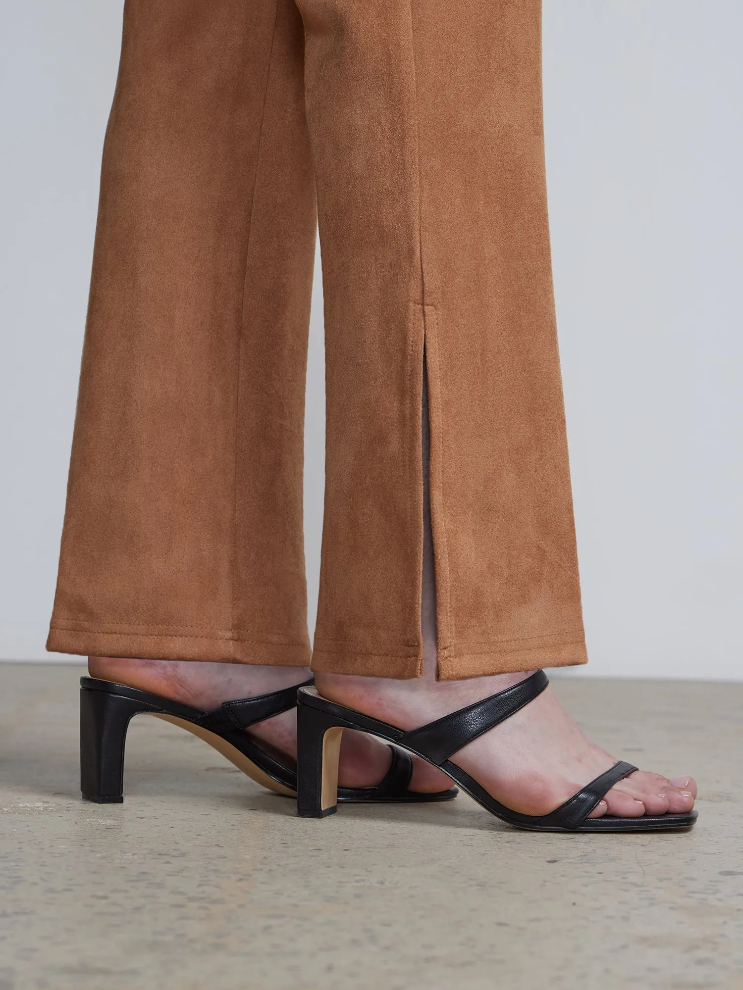 Pull-On Faux-Suede Slit-Front Flare Legging