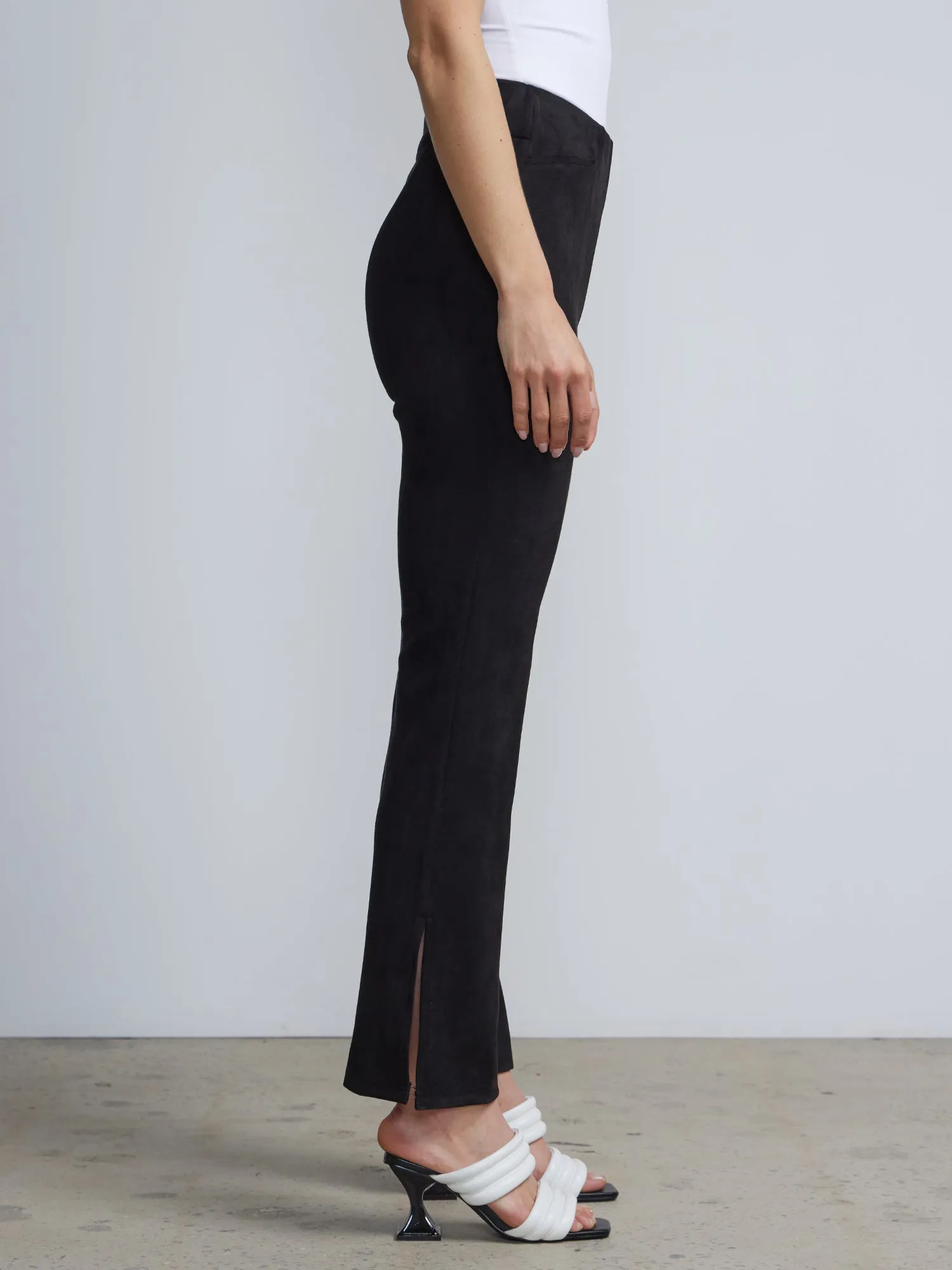 Pull-On Faux-Suede Slit-Front Flare Legging