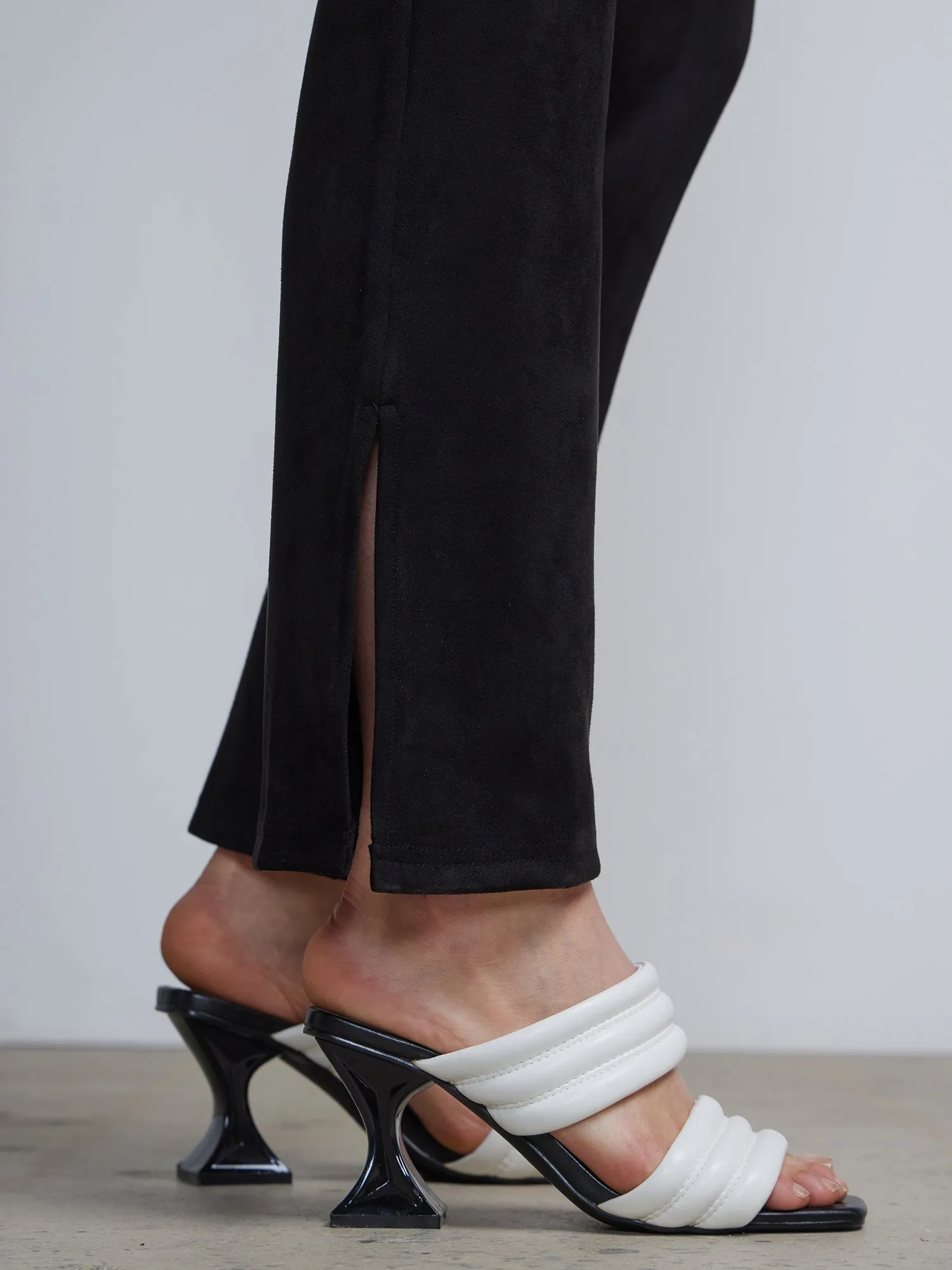 Pull-On Faux-Suede Slit-Front Flare Legging