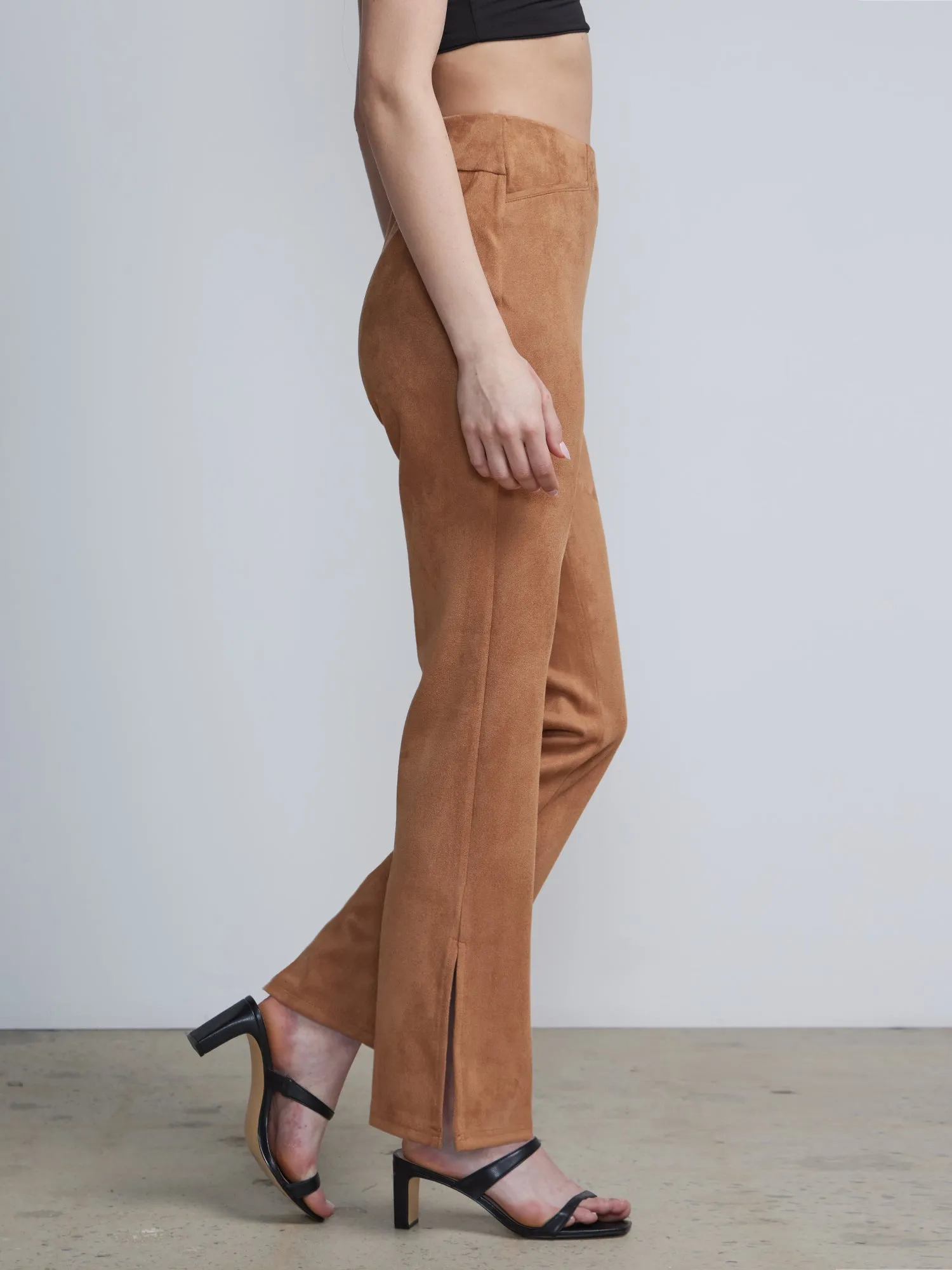 Pull-On Faux-Suede Slit-Front Flare Legging
