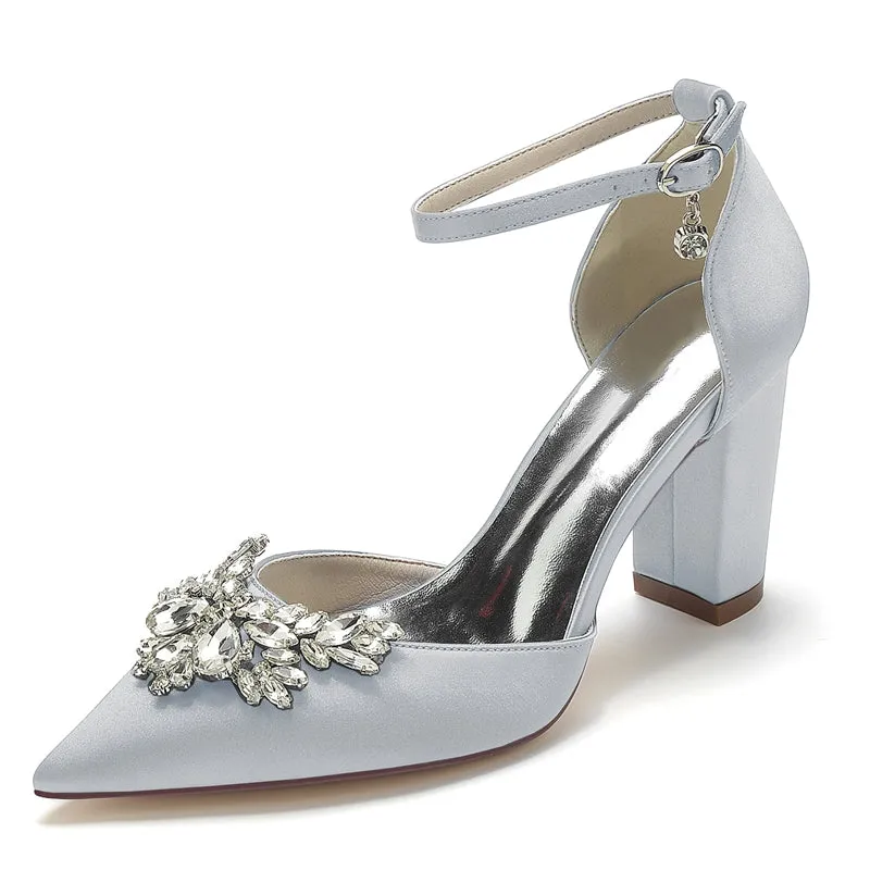 Women's Wedding Shoes Closed Toe Chunky Heel Buckle Bridal Shoes with Rhinestone