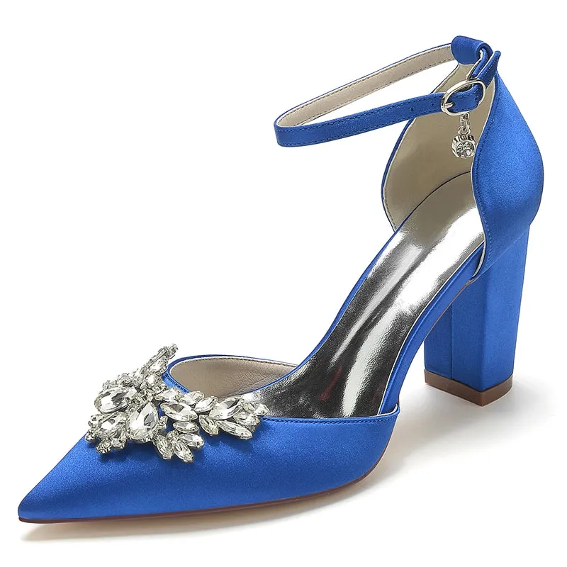 Women's Wedding Shoes Closed Toe Chunky Heel Buckle Bridal Shoes with Rhinestone