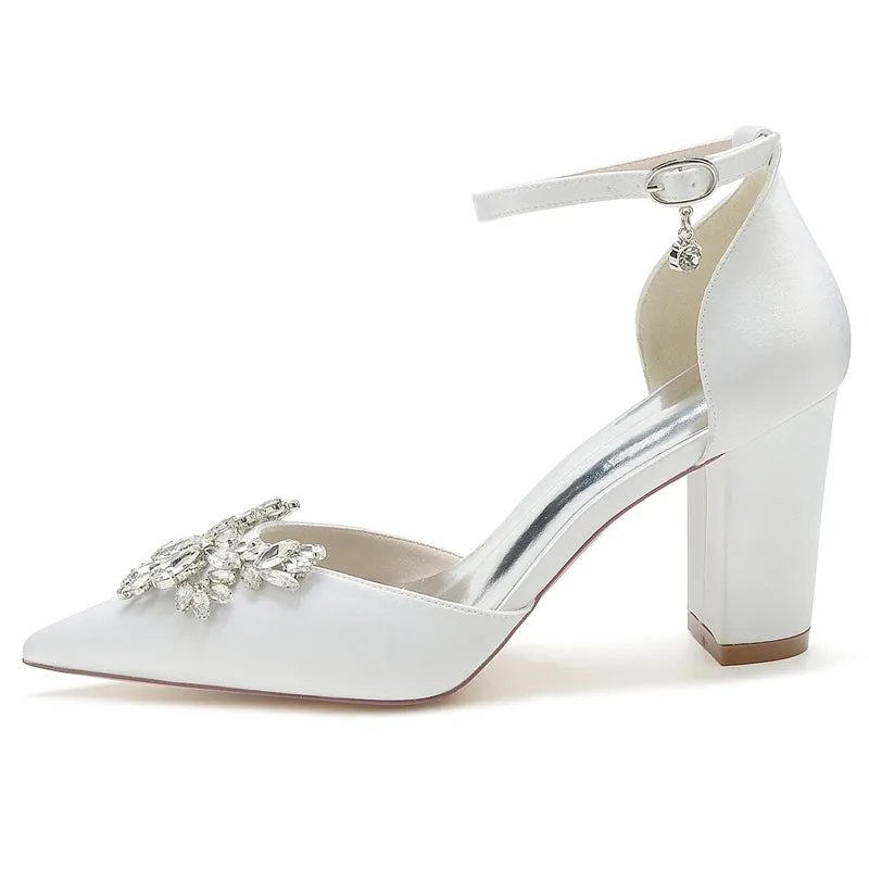 Women's Wedding Shoes Closed Toe Chunky Heel Buckle Bridal Shoes with Rhinestone
