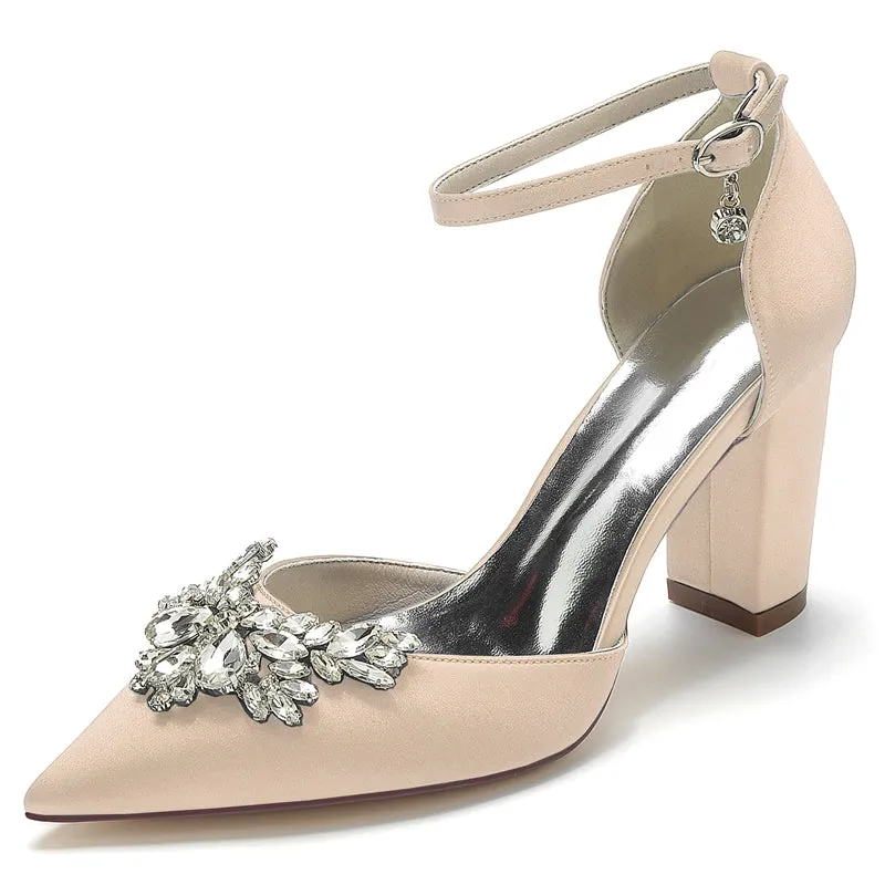 Women's Wedding Shoes Closed Toe Chunky Heel Buckle Bridal Shoes with Rhinestone