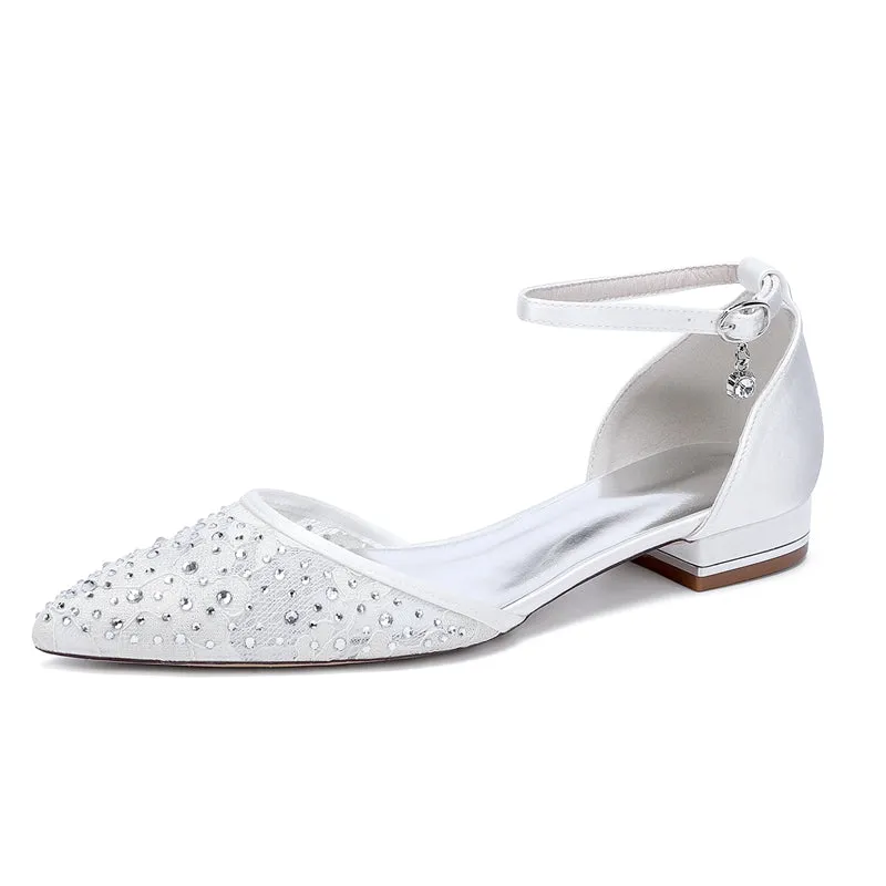 Women's Wedding Shoes Lace Pointed Toe Low Heel Buckle Bridal Shoes with Crystals