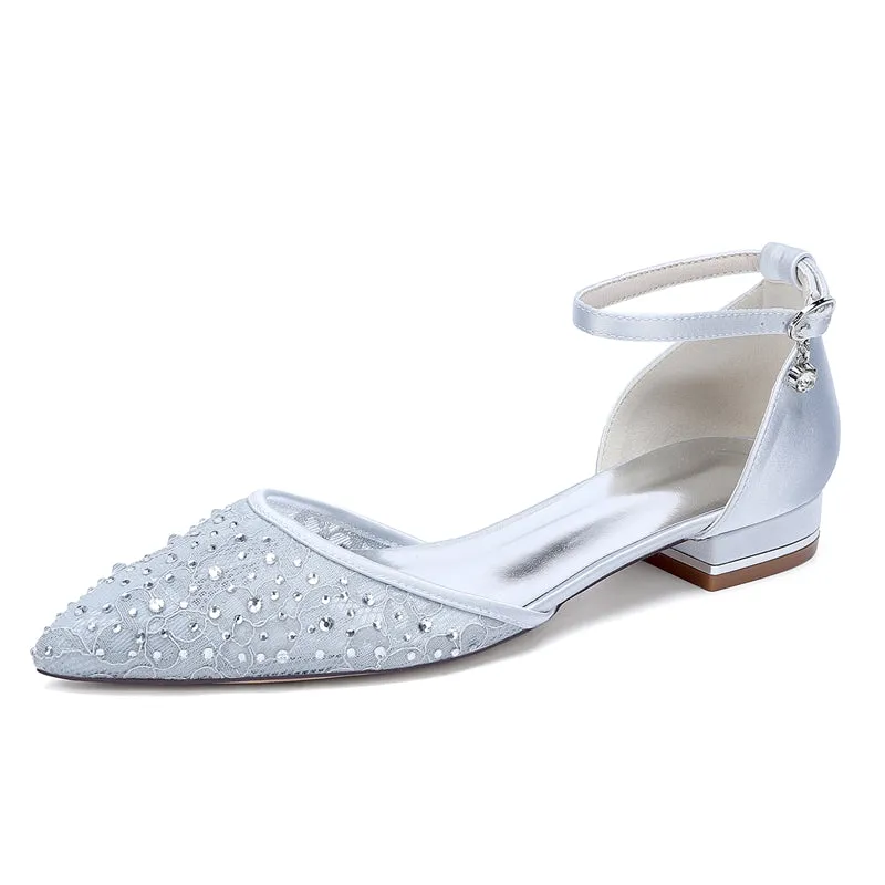 Women's Wedding Shoes Lace Pointed Toe Low Heel Buckle Bridal Shoes with Crystals