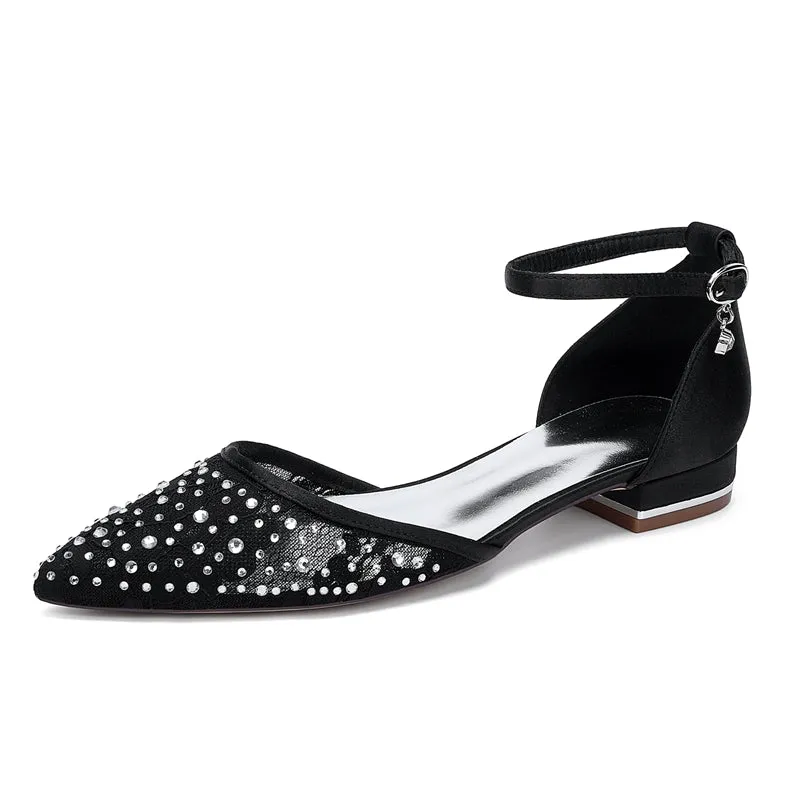 Women's Wedding Shoes Lace Pointed Toe Low Heel Buckle Bridal Shoes with Crystals