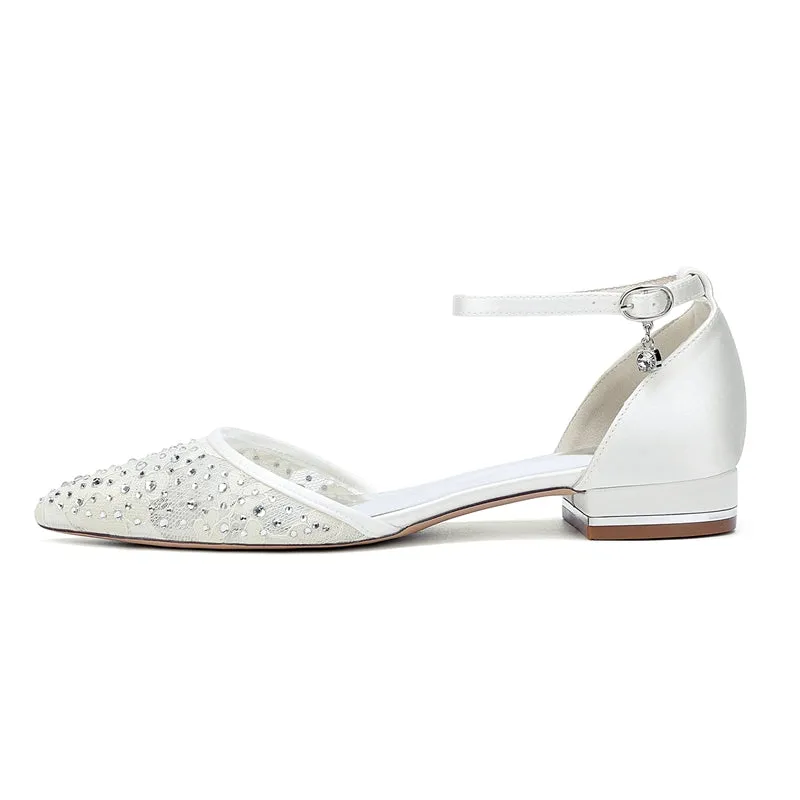 Women's Wedding Shoes Lace Pointed Toe Low Heel Buckle Bridal Shoes with Crystals