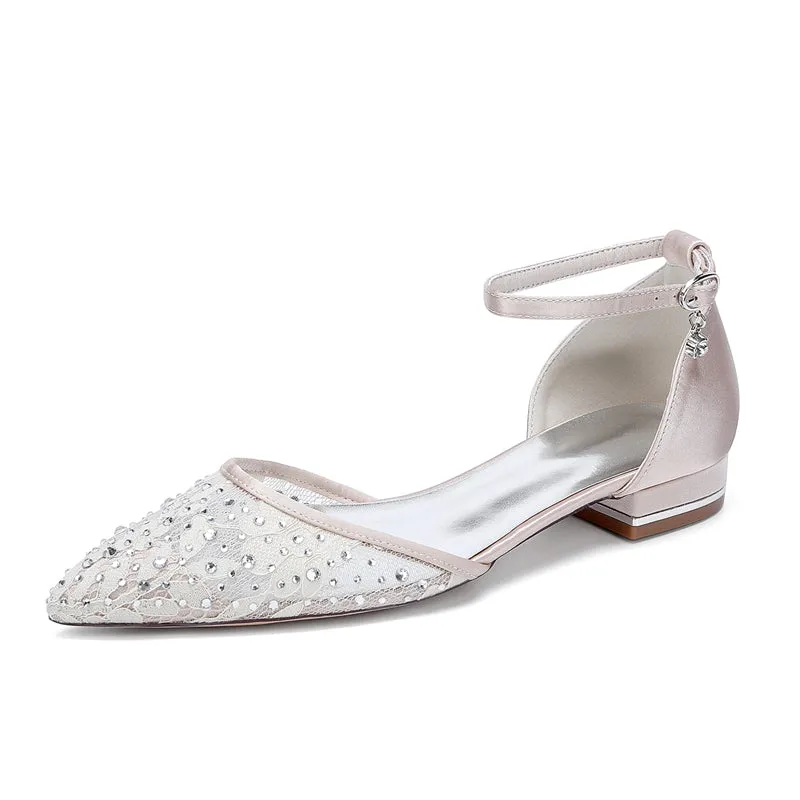 Women's Wedding Shoes Lace Pointed Toe Low Heel Buckle Bridal Shoes with Crystals