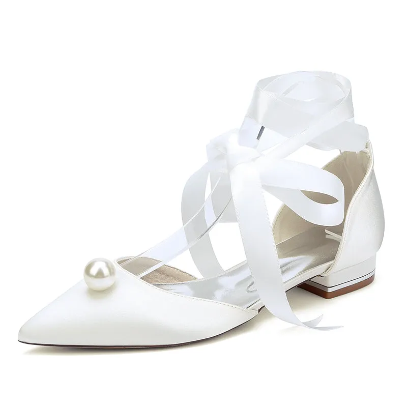 Women's Wedding Shoes Low Heel Pointed Toe Ankle Straps Bridal Shoes with Pearl