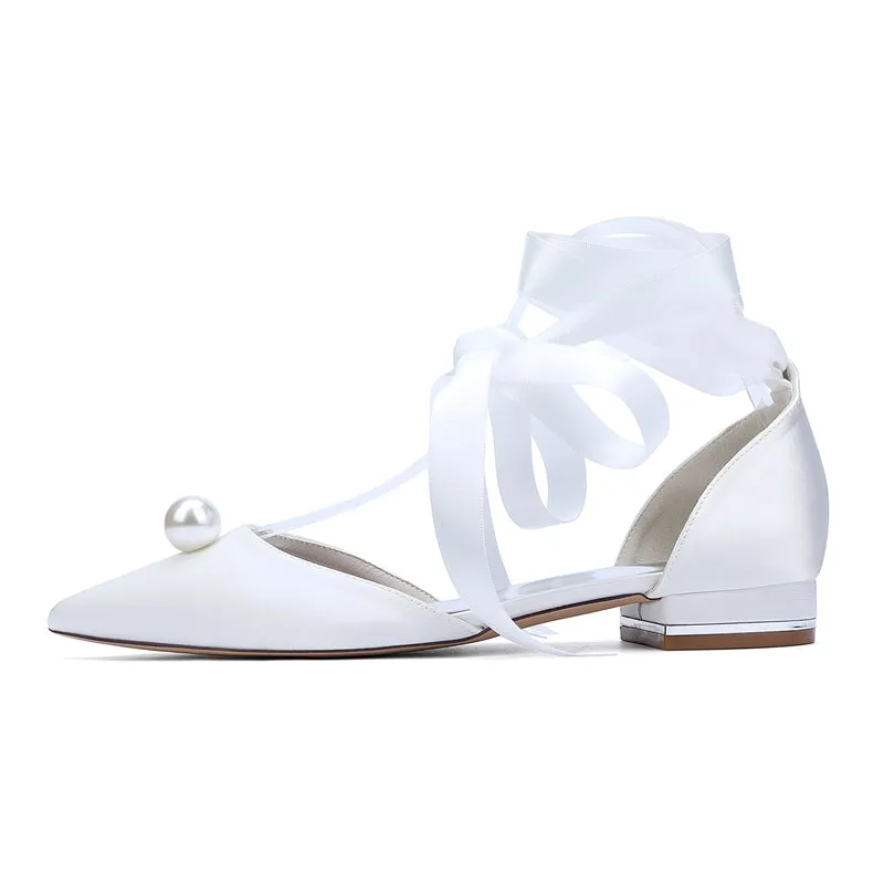 Women's Wedding Shoes Low Heel Pointed Toe Ankle Straps Bridal Shoes with Pearl