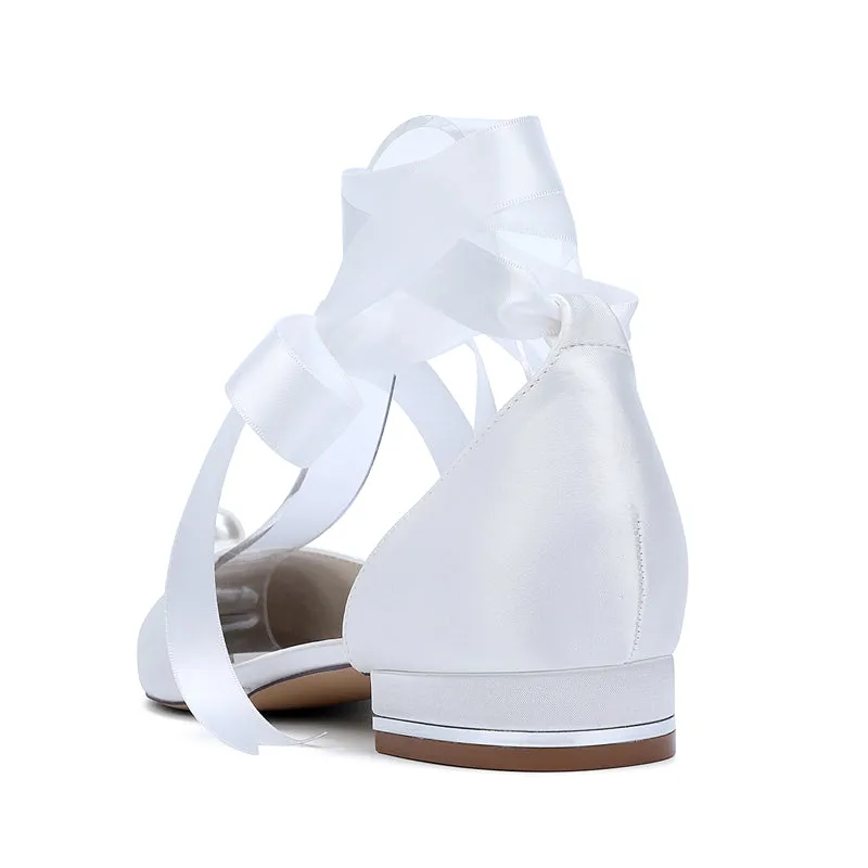 Women's Wedding Shoes Low Heel Pointed Toe Ankle Straps Bridal Shoes with Pearl