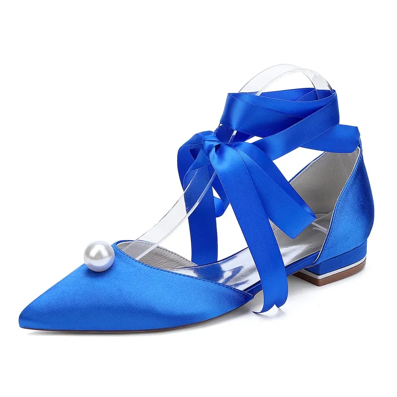 Women's Wedding Shoes Low Heel Pointed Toe Ankle Straps Bridal Shoes with Pearl
