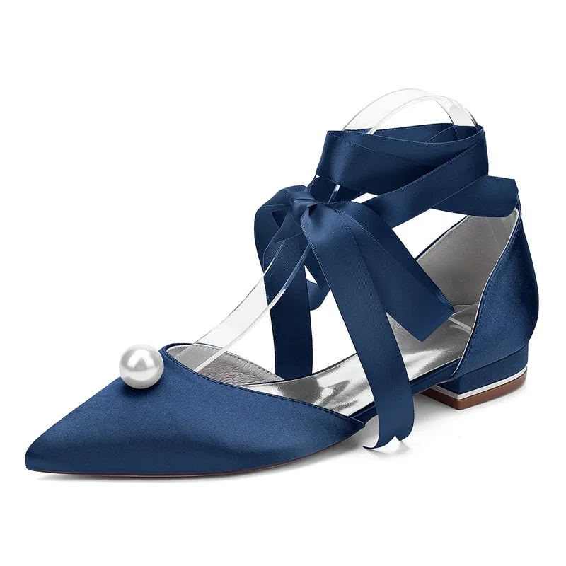 Women's Wedding Shoes Low Heel Pointed Toe Ankle Straps Bridal Shoes with Pearl