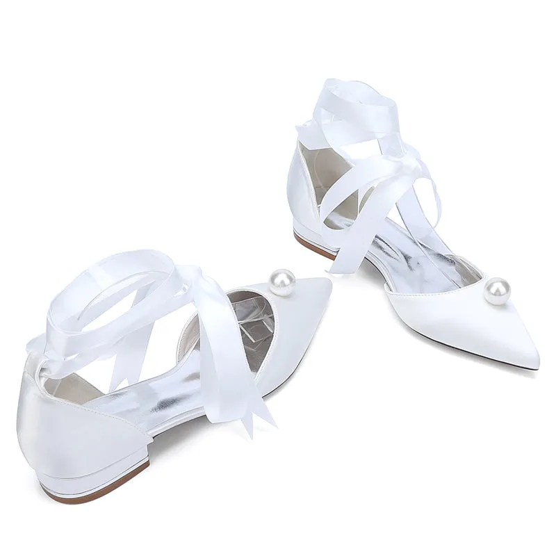 Women's Wedding Shoes Low Heel Pointed Toe Ankle Straps Bridal Shoes with Pearl