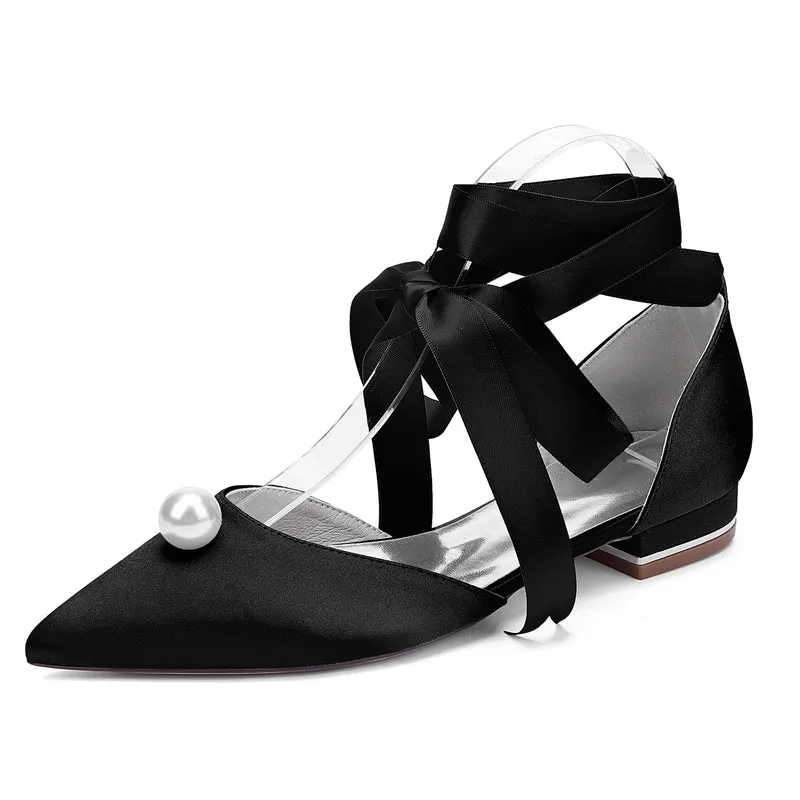 Women's Wedding Shoes Low Heel Pointed Toe Ankle Straps Bridal Shoes with Pearl