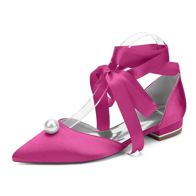 Women's Wedding Shoes Low Heel Pointed Toe Ankle Straps Bridal Shoes with Pearl