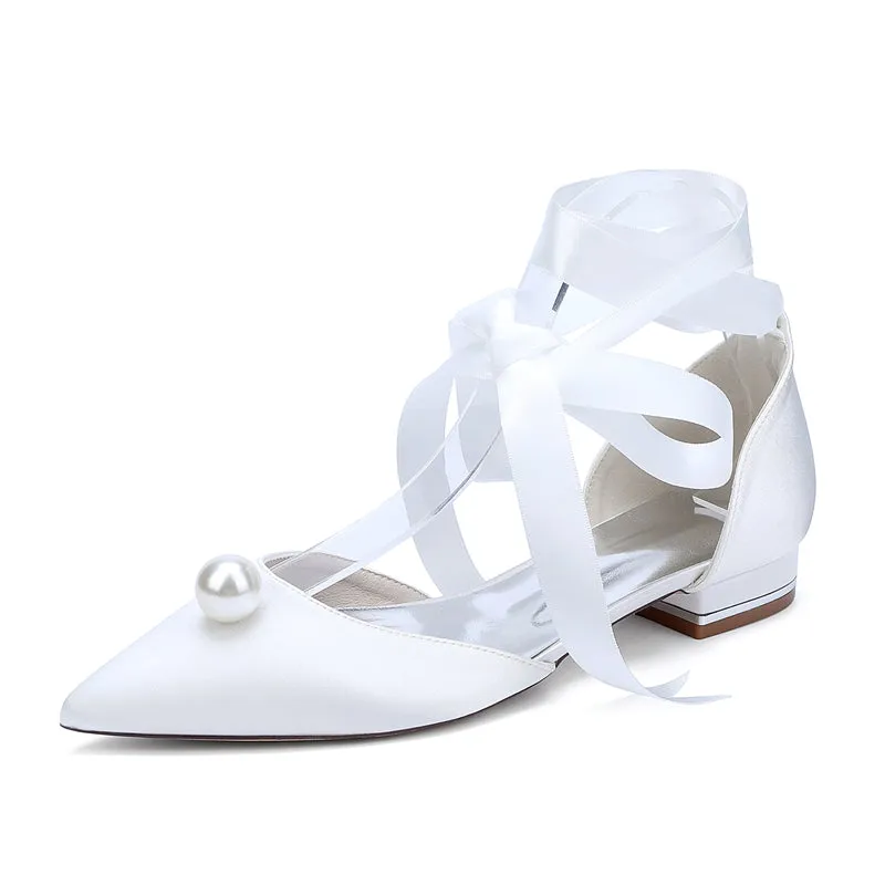 Women's Wedding Shoes Low Heel Pointed Toe Ankle Straps Bridal Shoes with Pearl
