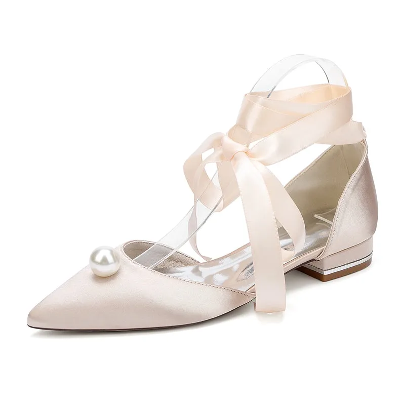 Women's Wedding Shoes Low Heel Pointed Toe Ankle Straps Bridal Shoes with Pearl